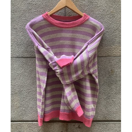 Jersey algodón rayas cuello fucsia